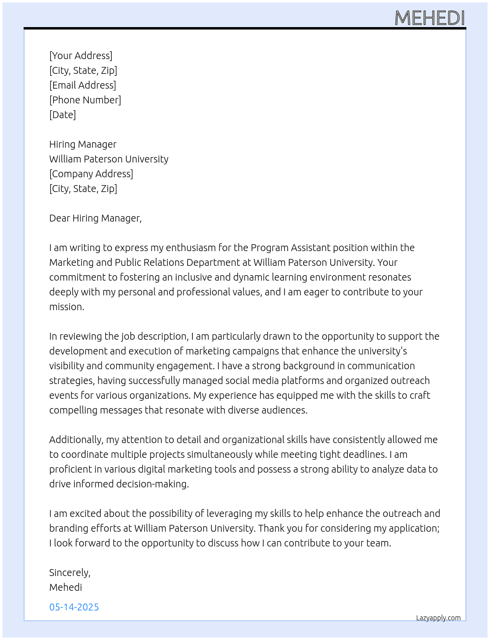 Program Assistant for Marketing and Public Relations Department At William Paterson Univeristy Cover Letter