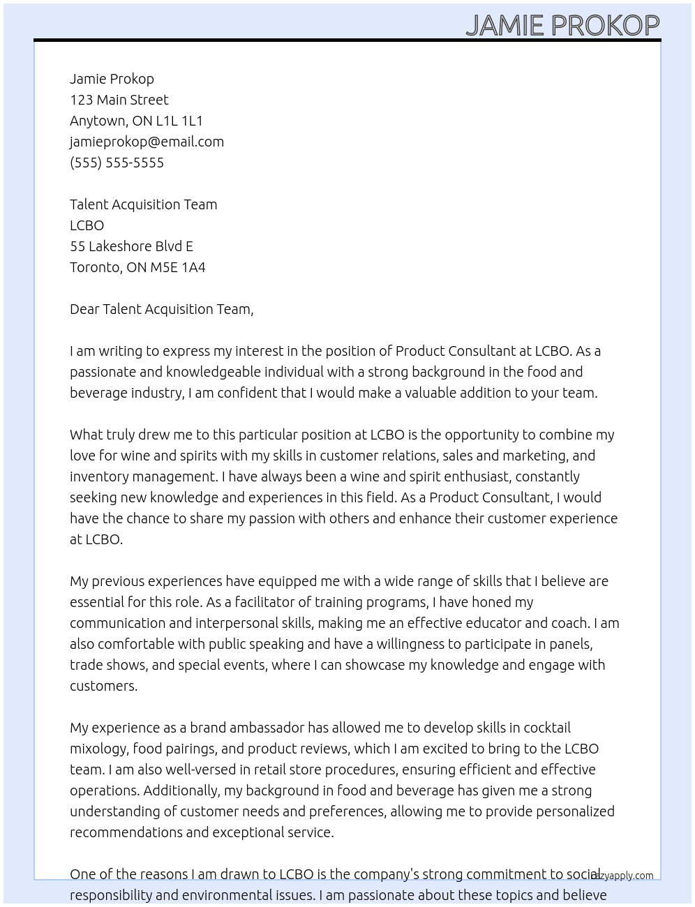 Product Consultant At LCBO Cover Letter