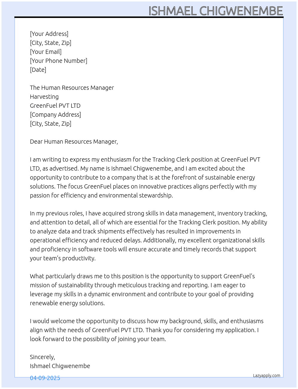 Tracking Clerk At GreenFuel PVT LTD Cover Letter