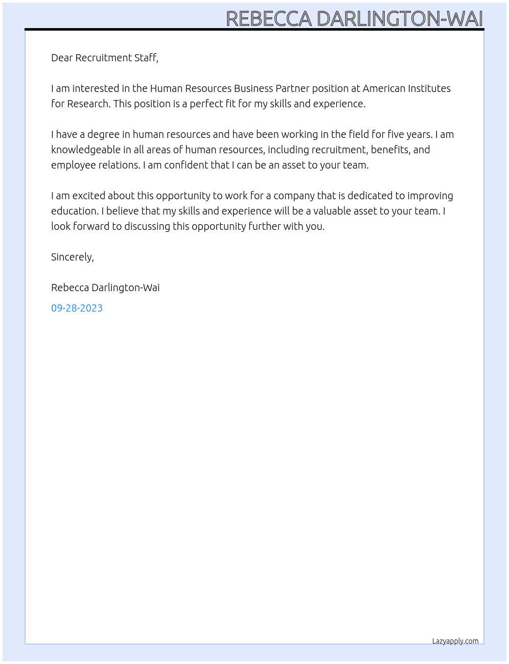 Human Resources Business Partner At American Institutes for Research Cover Letter