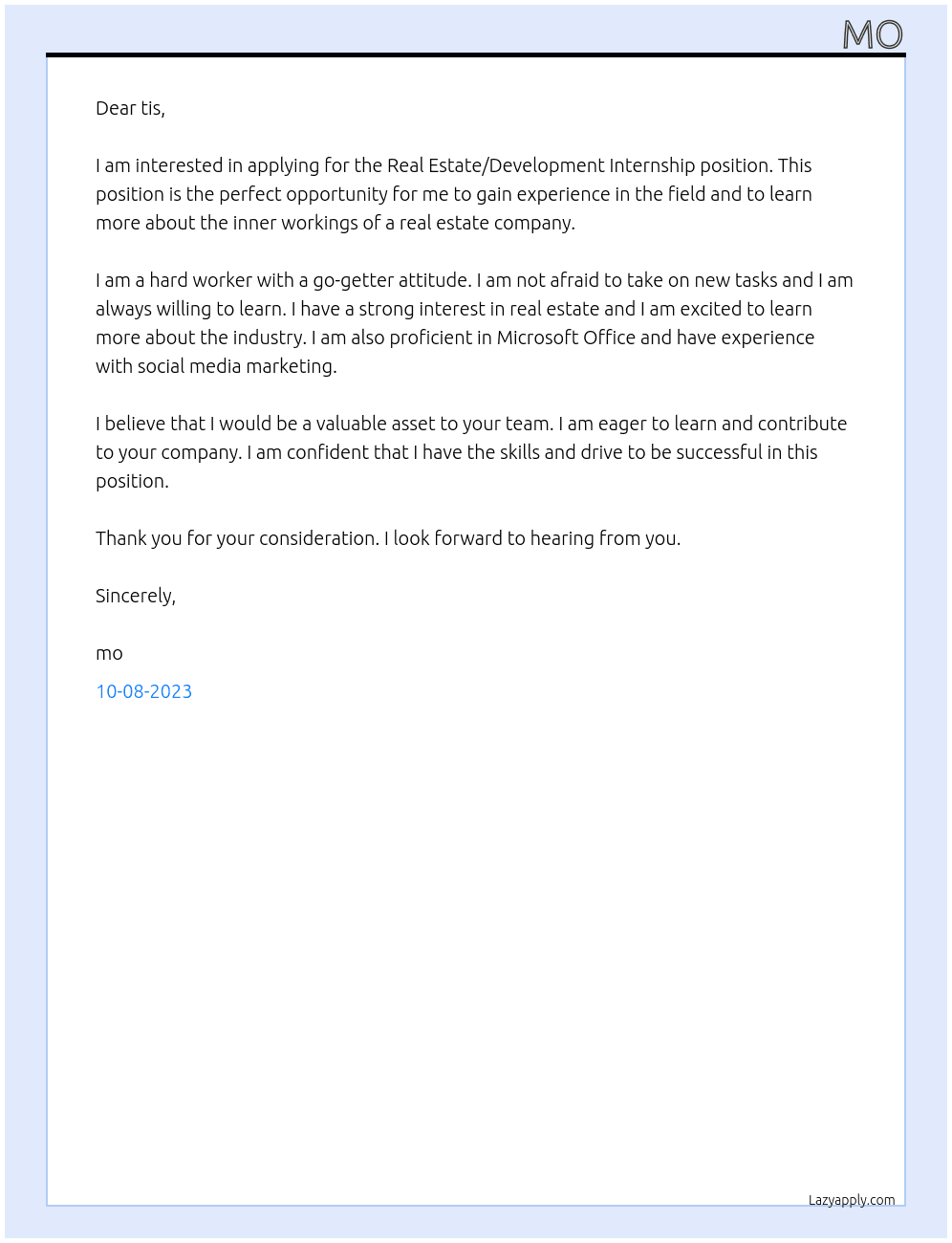 Cover letter for real estate/development internship - LazyApply