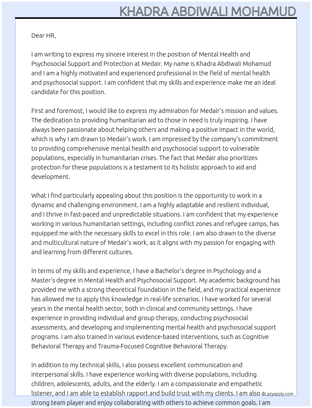 Mental health and psychosocial support and protection At Medair Cover Letter