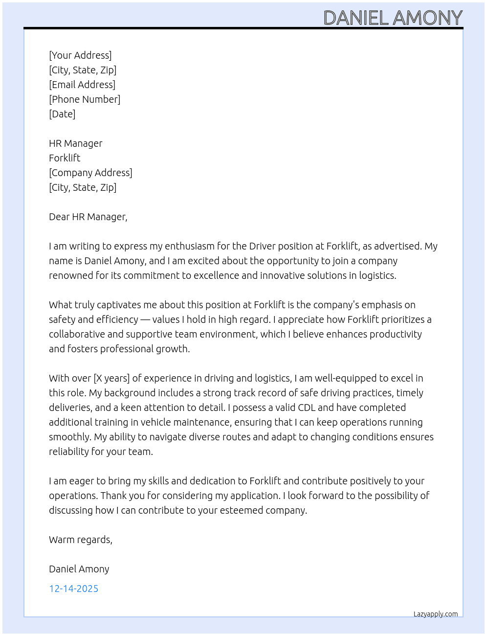 Driver At Forklift Cover Letter
