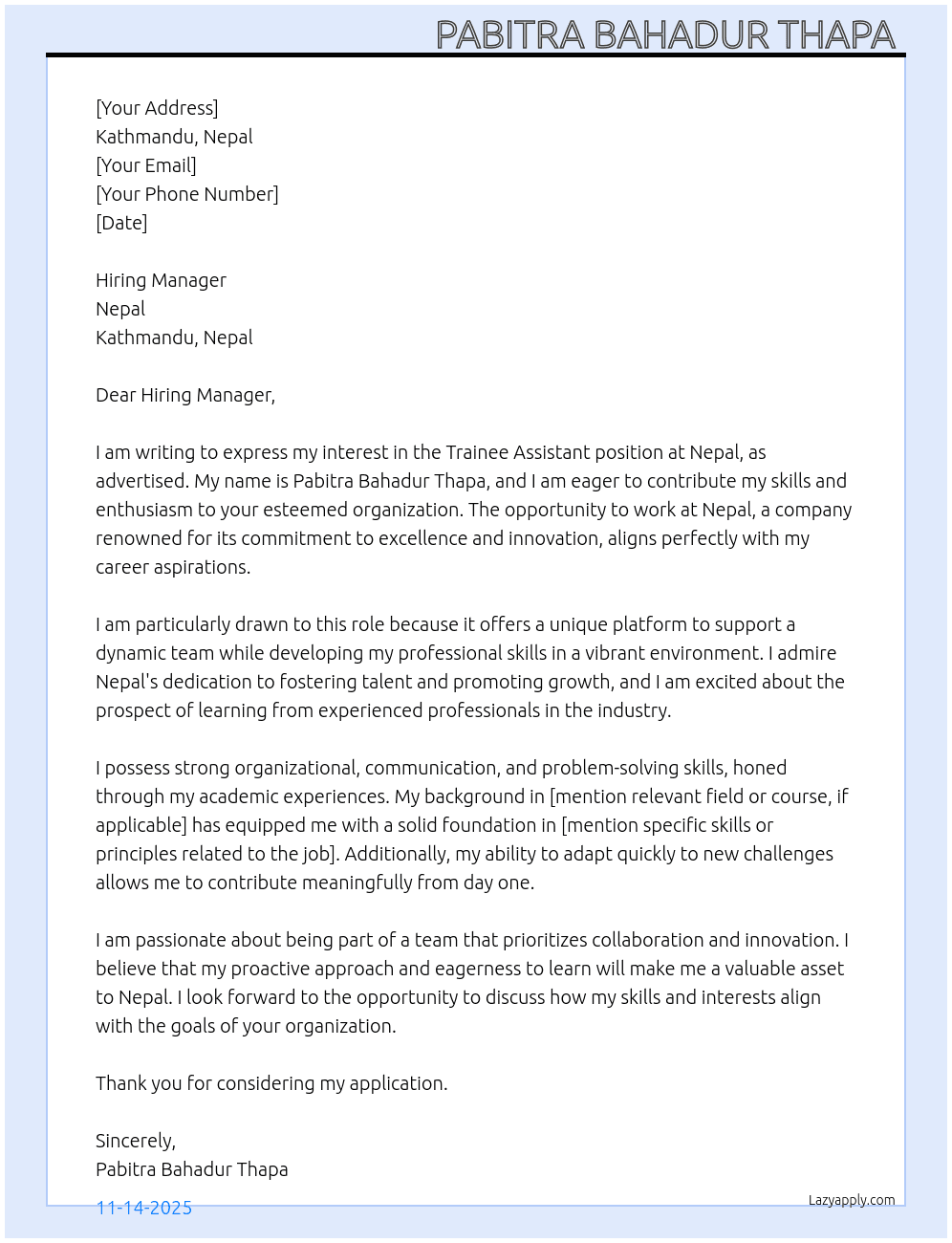 Trainee assistant At Nepal Cover Letter