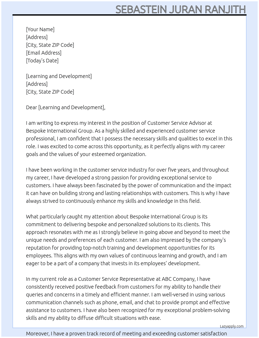 Customer service Advisor At Bespoke international Goup Cover Letter