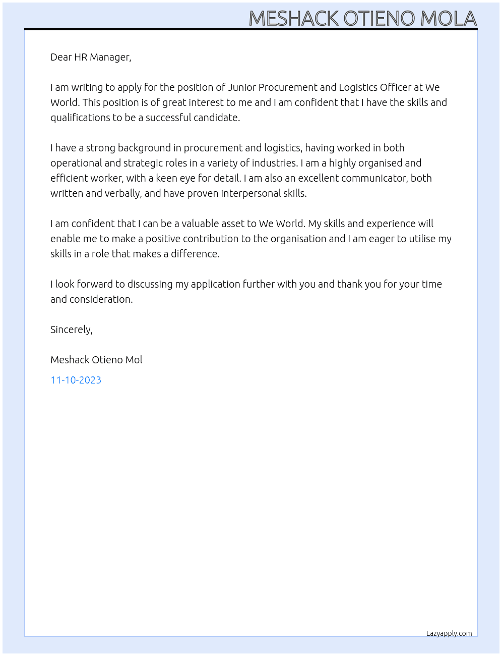 Junior Procurement and Logistics Officer. At We World Cover Letter
