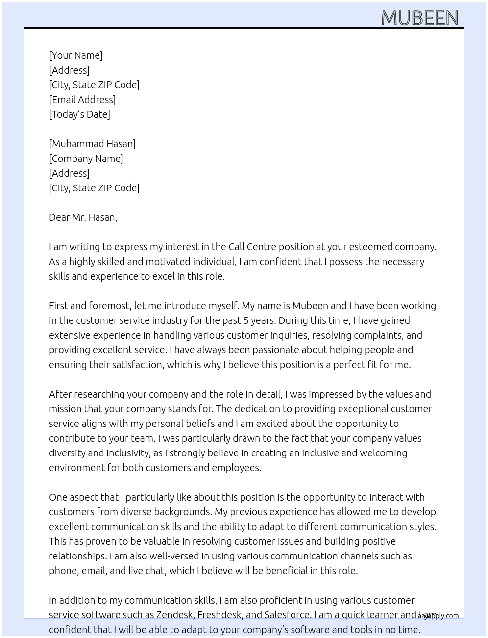 Call centre  At None Cover Letter