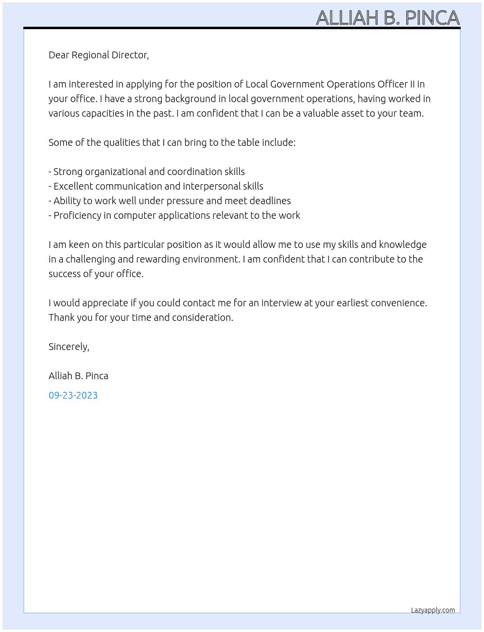 Local Government Operations Officer II  At Department of the Interior and Local Government Cover Letter