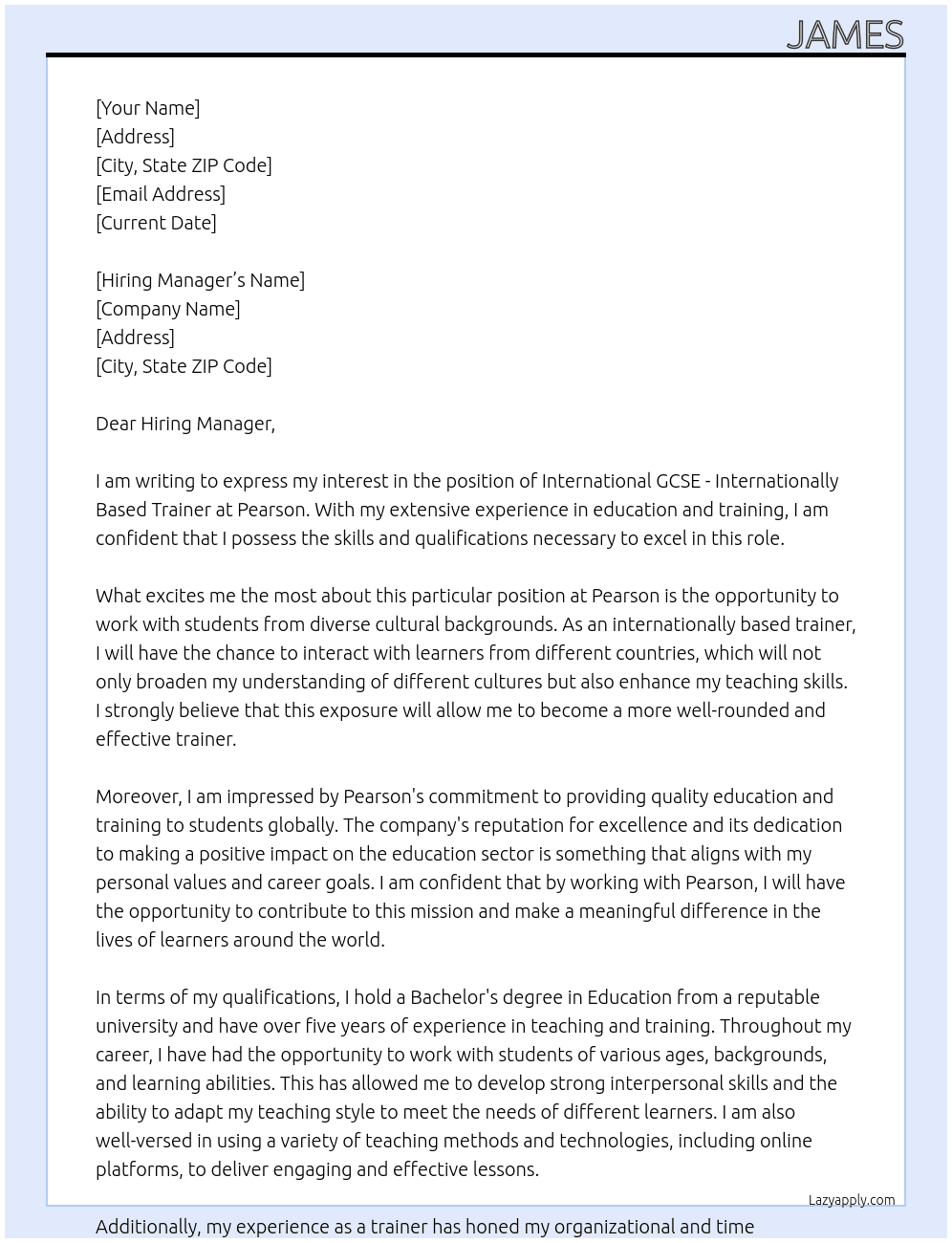 International GCSE - Internationally Based Trainer At Pearson Cover Letter