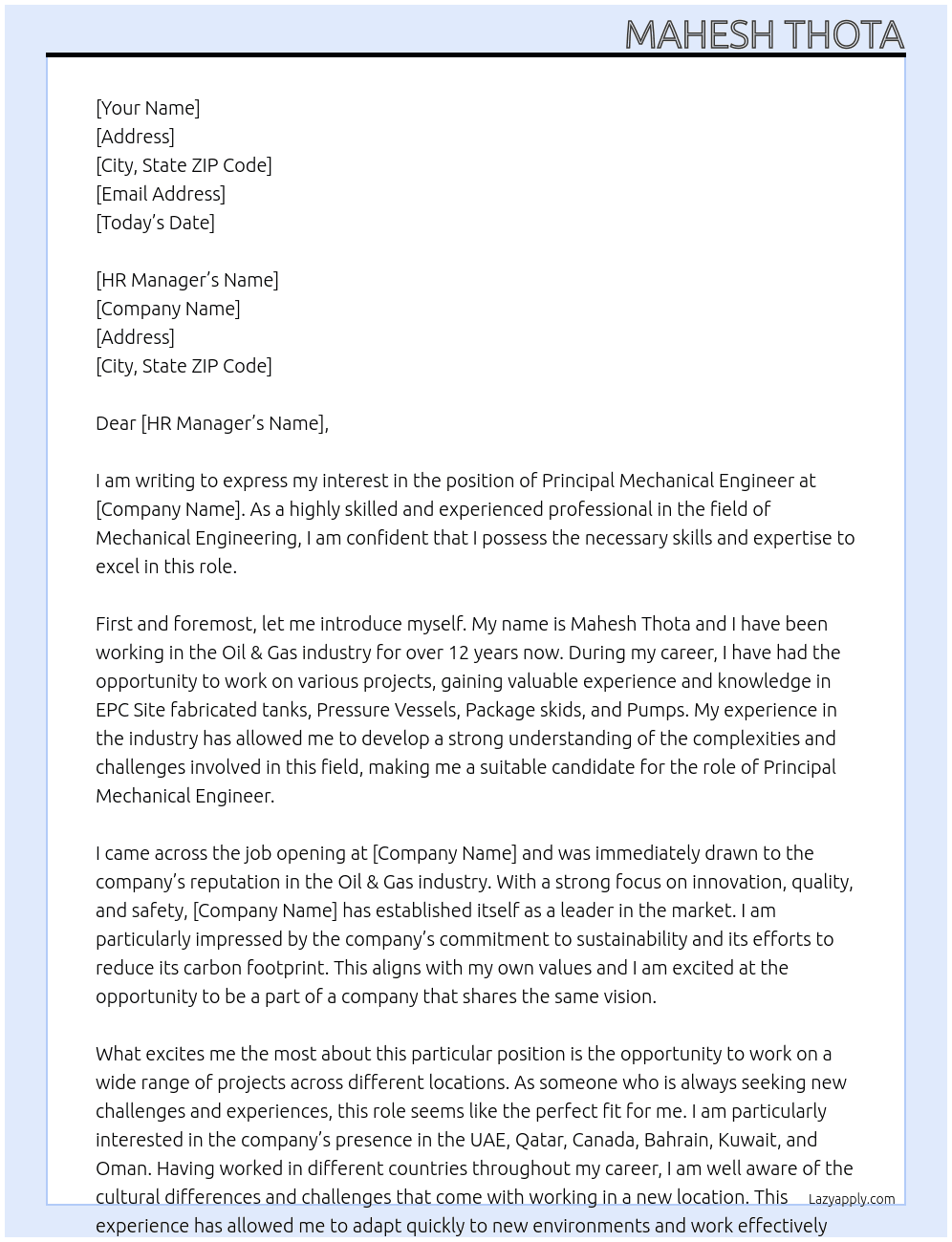 Cover letter for principal mechanical engineer - LazyApply