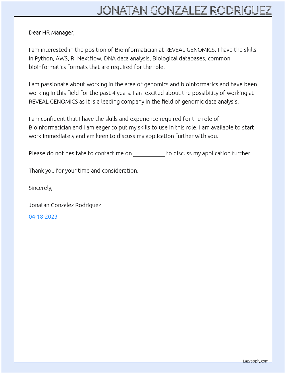 Bioinformatician At REVEAL GENOMICS Cover Letter