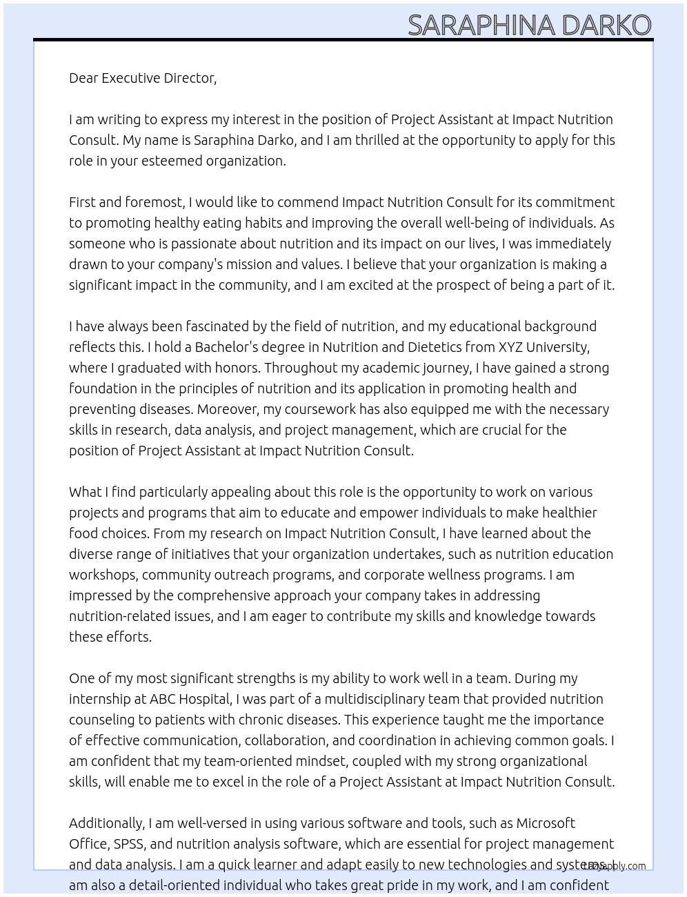 project assistant  At impact nutrition consult Cover Letter