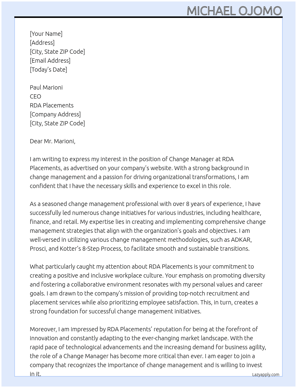 Change Manager At RDA Placements Cover Letter