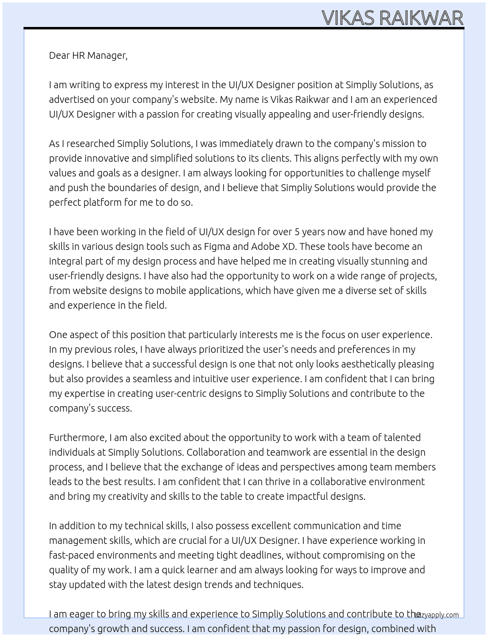 UI/UX Desginer At Simpliy Solutions Cover Letter