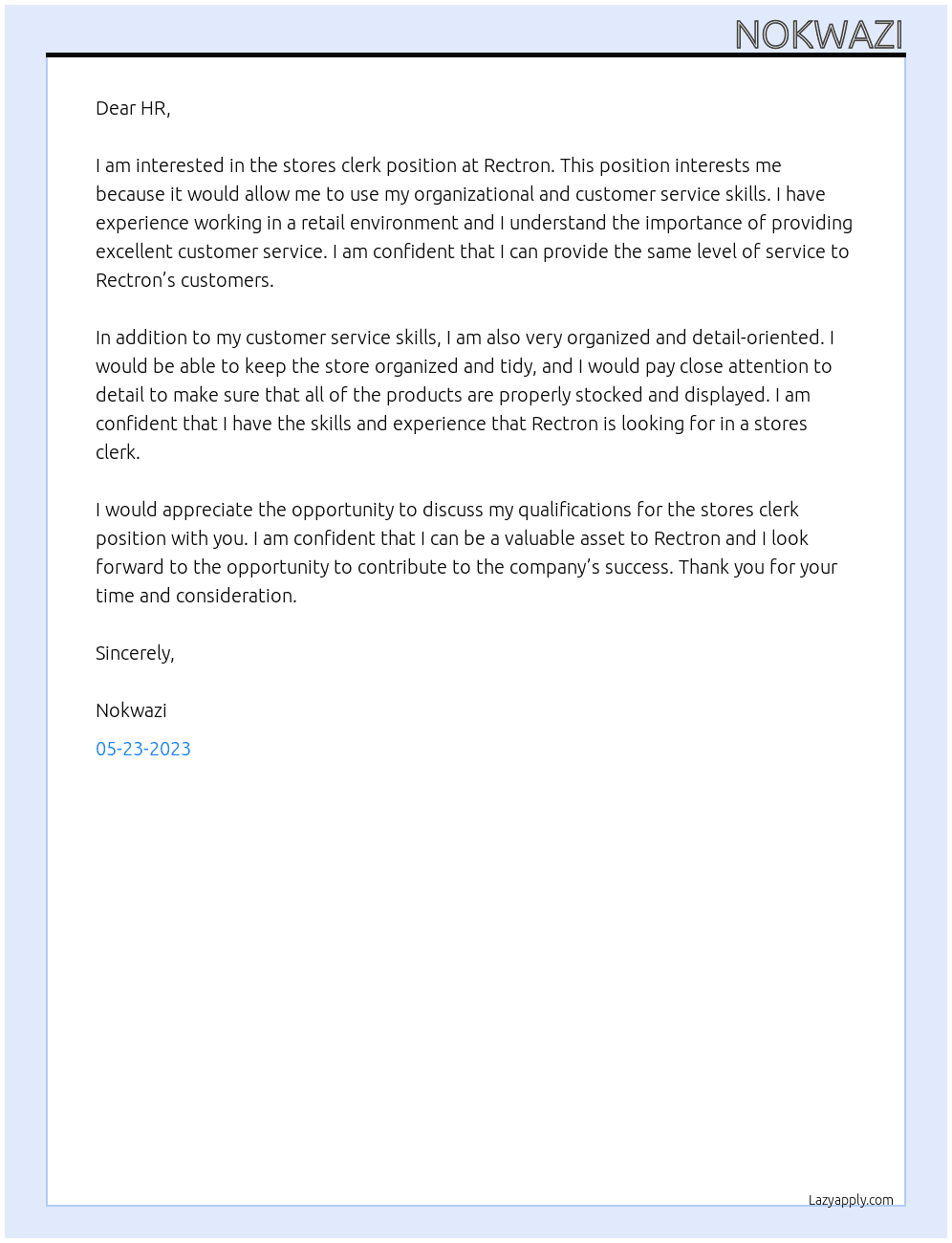 stores clerk At rectron Cover Letter