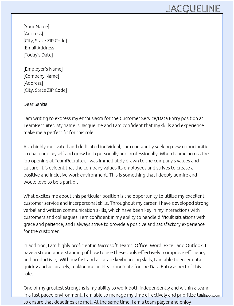 Customer Service/ Data Entry At TeamRecruiter Cover Letter