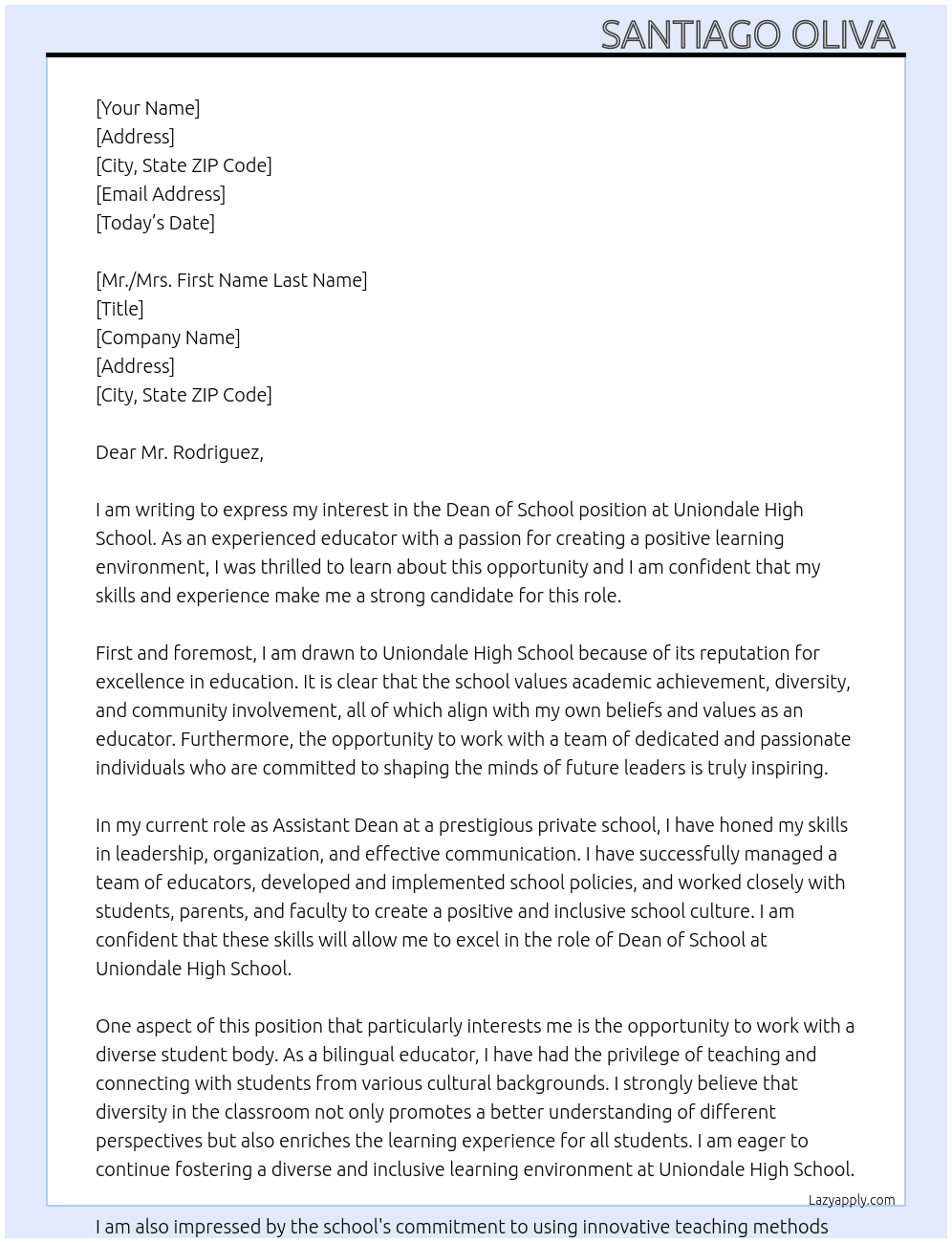 Dean Of School At Uniondale High School  Cover Letter