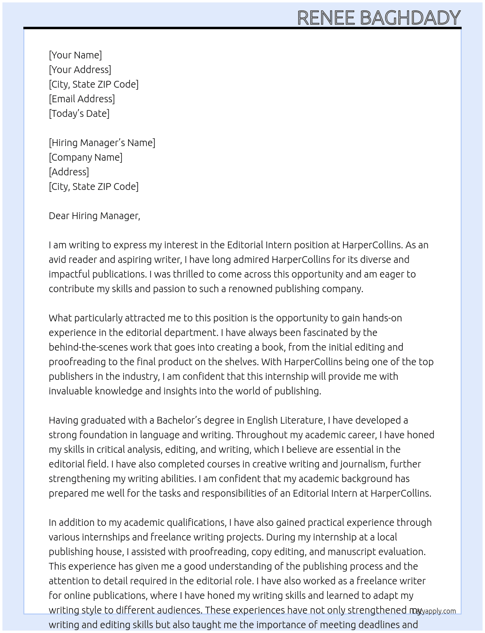 Editorial Intern At HarperCollins Cover Letter