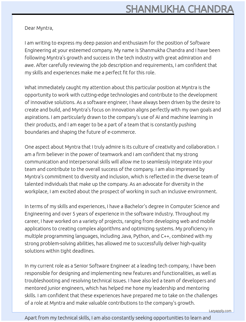 software engineering At myntra Cover Letter