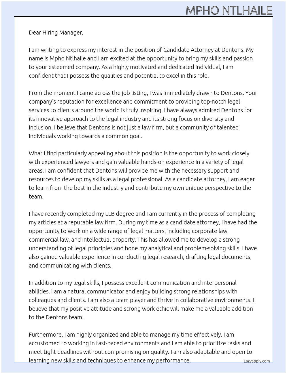Candidate Attorney At Dentons  Cover Letter