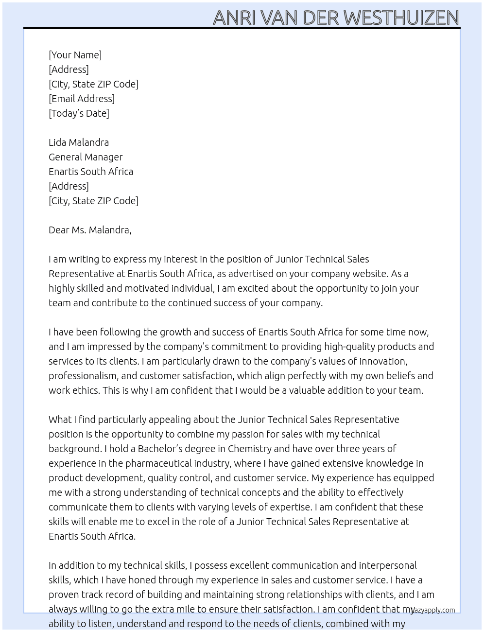 Junior Technical Sales Representative At Enartis South Africa Cover Letter