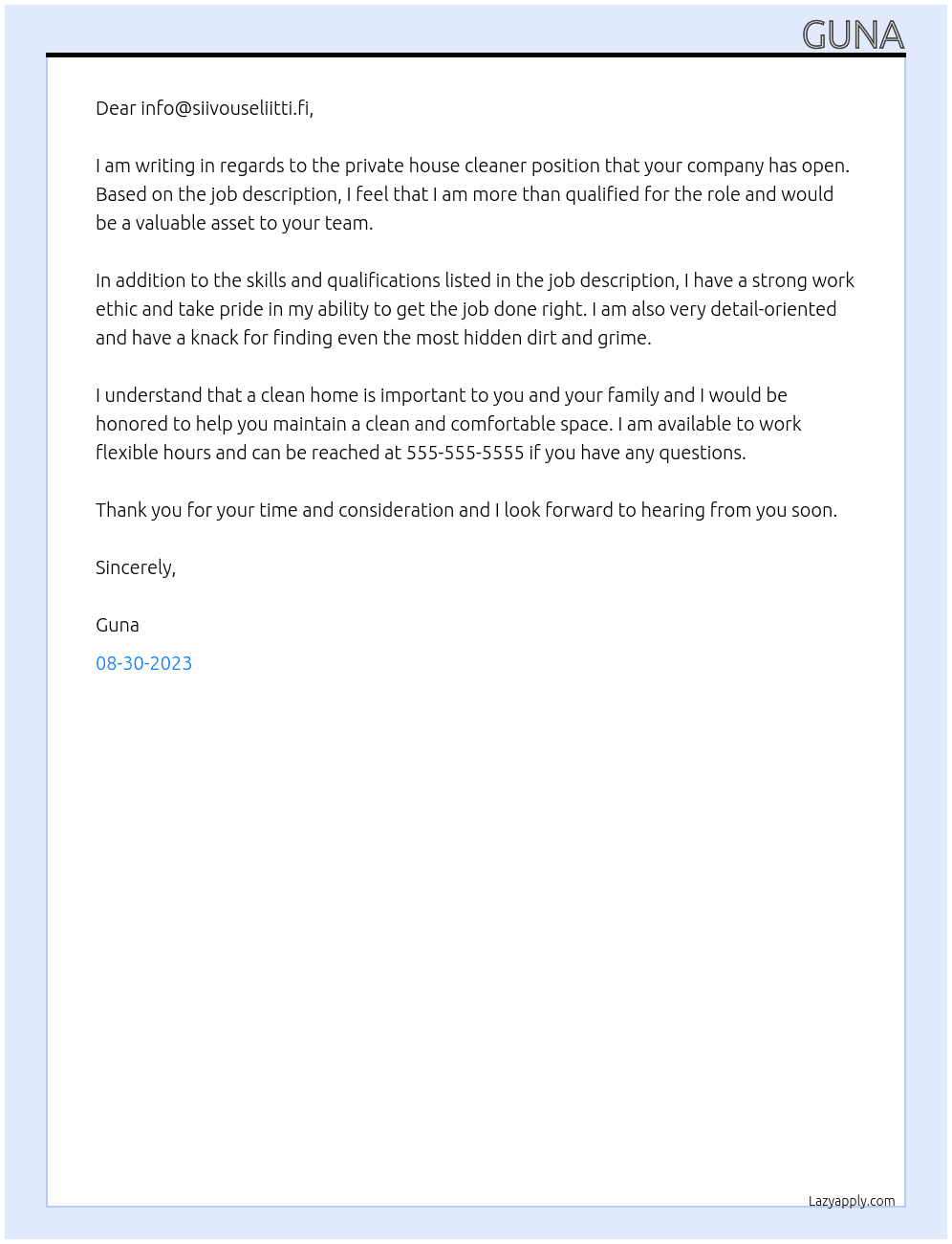 Private house cleaner At Sivous Eliitti Cover Letter