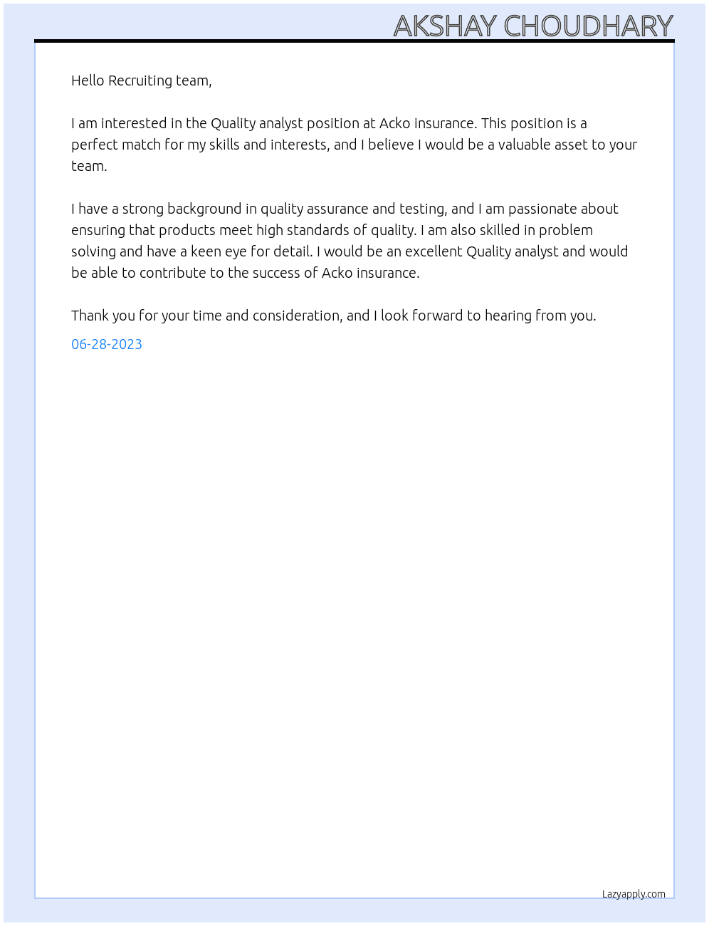 Quality analyst  At Acko insurance  Cover Letter