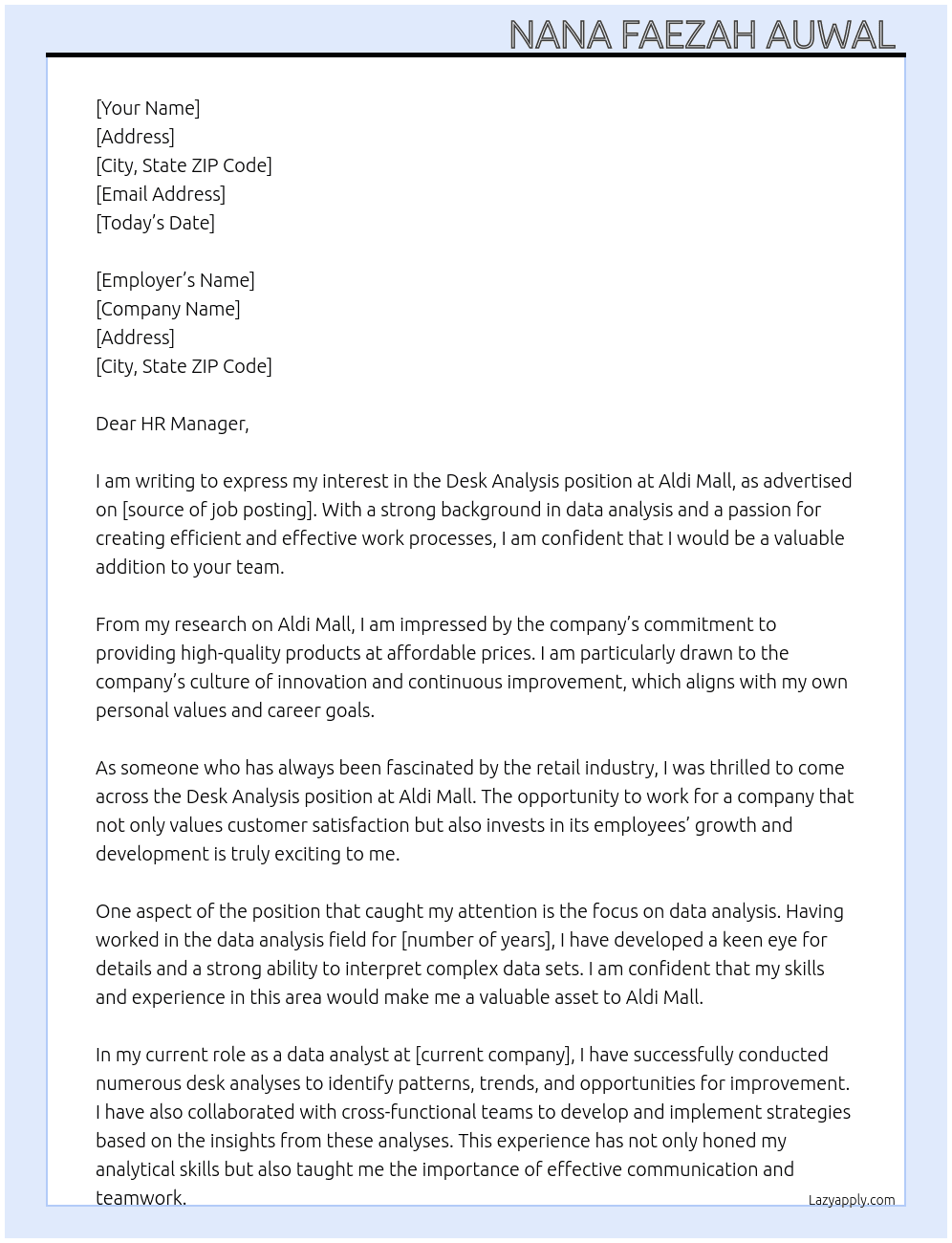 Desk analysis  At Aldi mall  Cover Letter