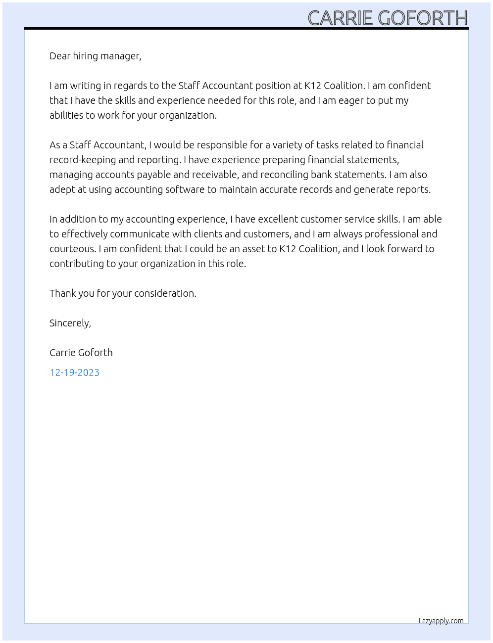 Staff Accountant At K12 Coalition Cover Letter