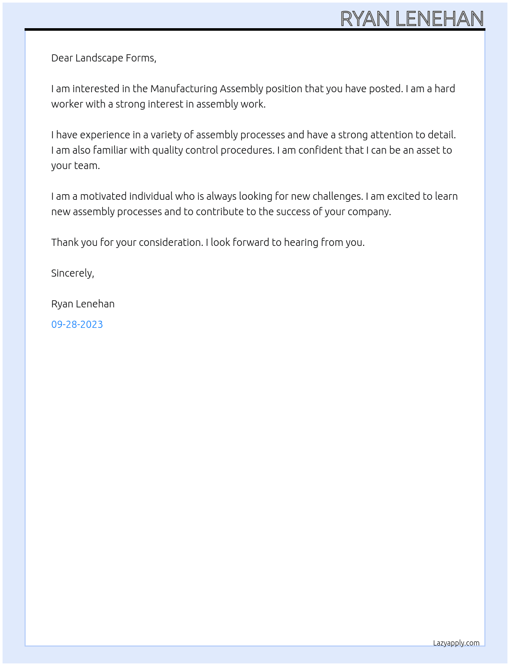 Manufacturing Assembly At Landscape Forms Cover Letter