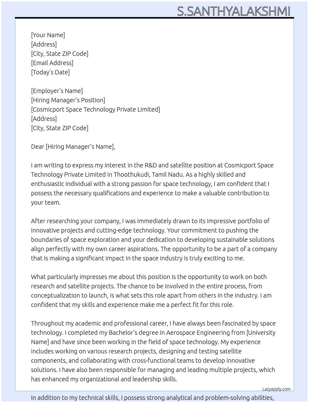 R&D and satellite  At  Cosmicport Space Technology Private Limited, Thoothukudi, Tamil Nadu Cover Letter
