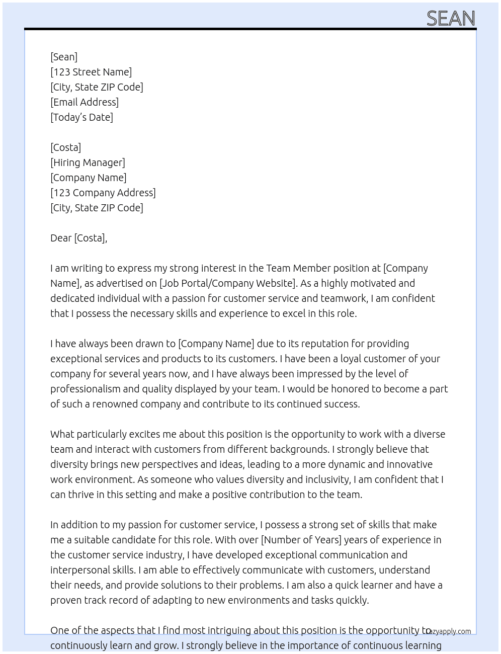 Team Member At Sean Cover Letter
