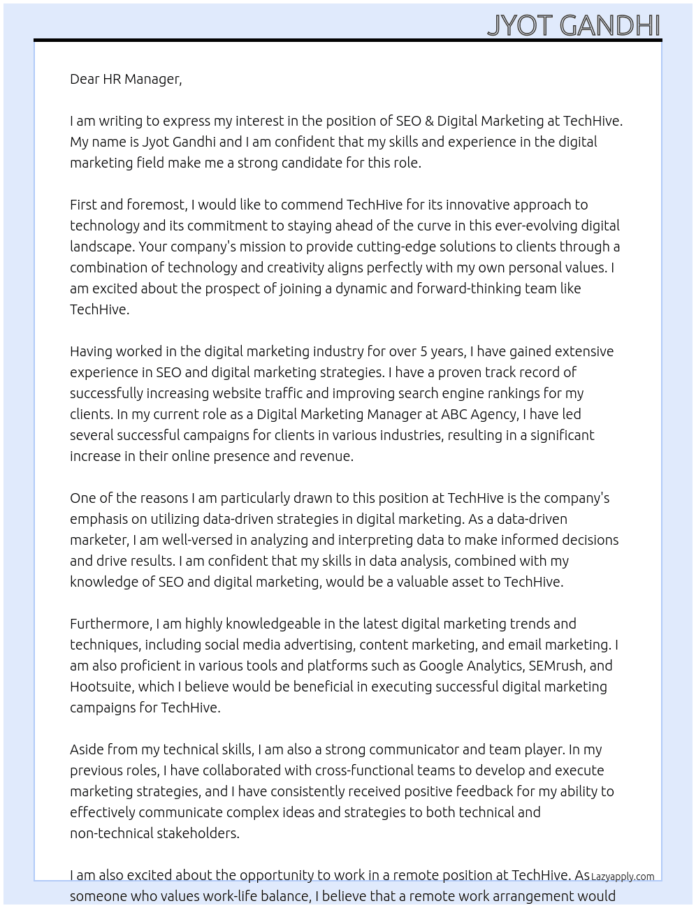 SEO & Digital Marketing At TechHive Cover Letter
