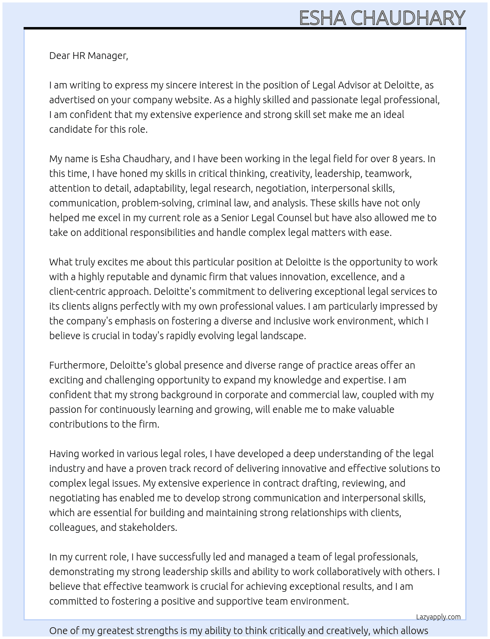 Legal advisor At Deloitte  Cover Letter