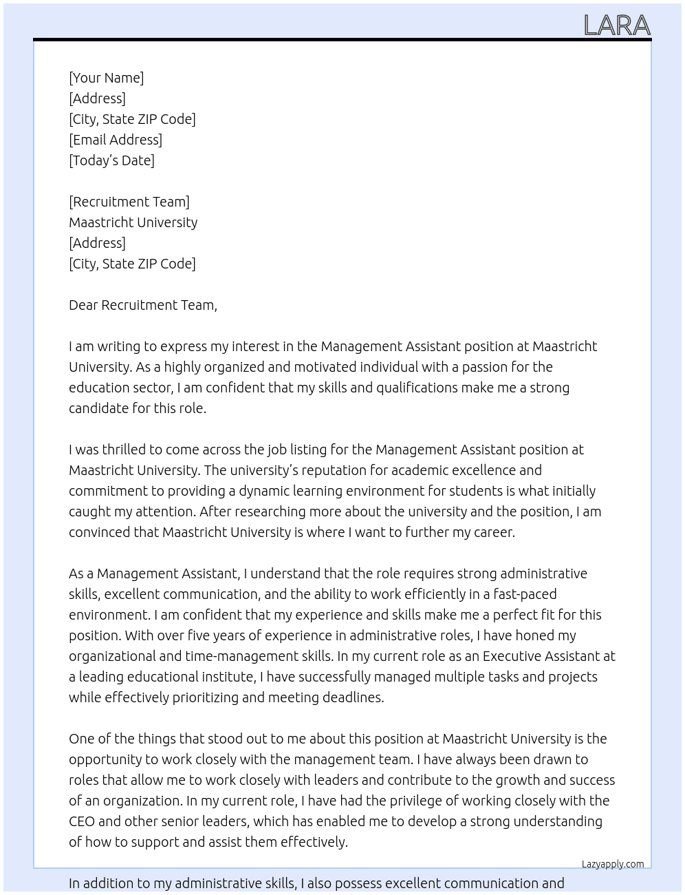 Management Assistant At Maastricht University Cover Letter