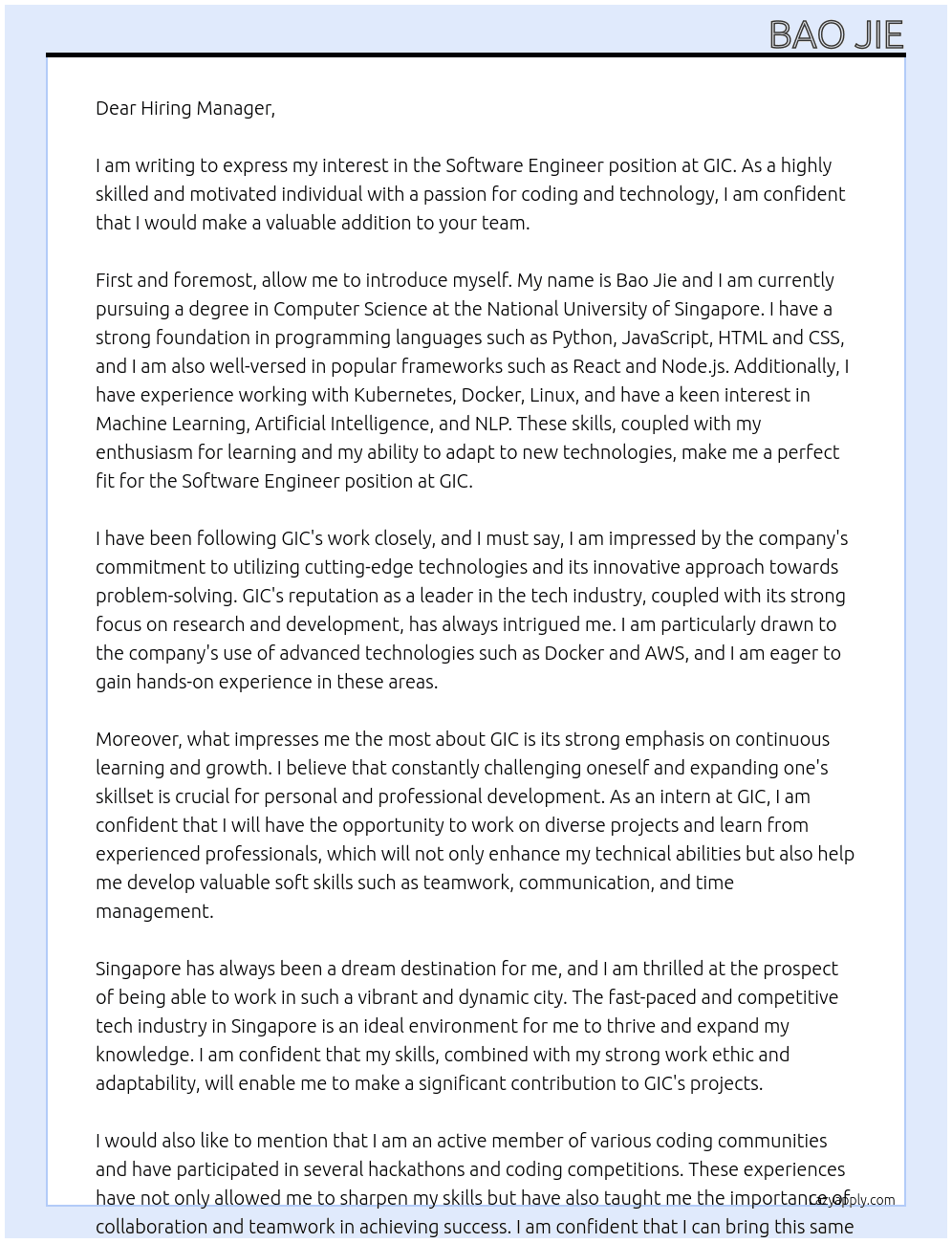 Software Engineer At GIC Cover Letter