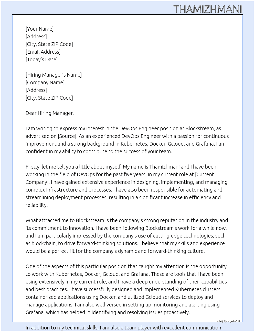 DevOps Engineer At Blockstream Cover Letter