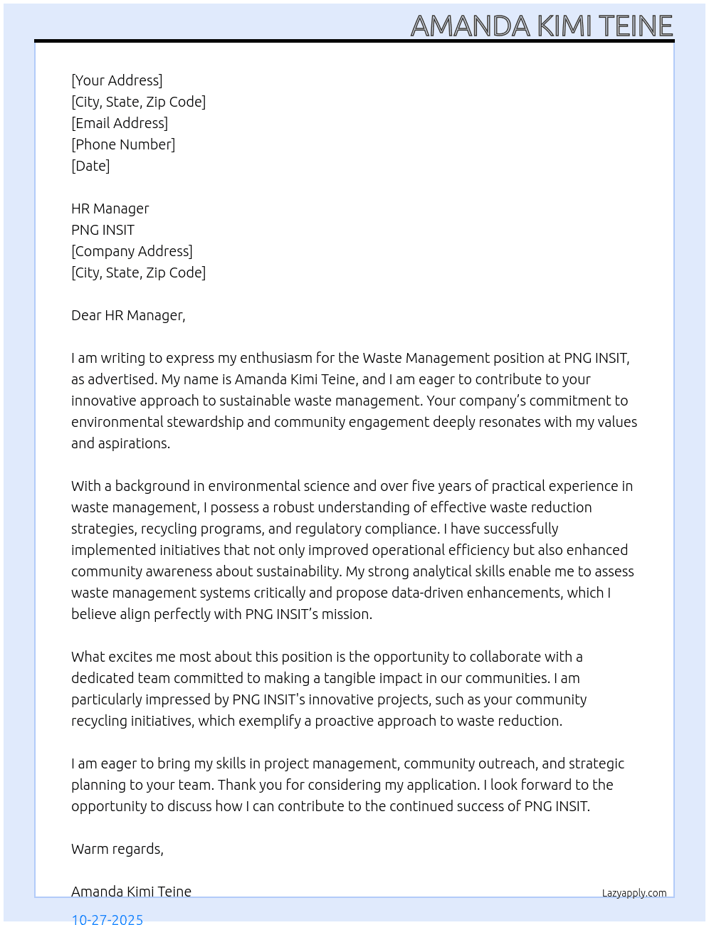 Cover letter for waste management - LazyApply