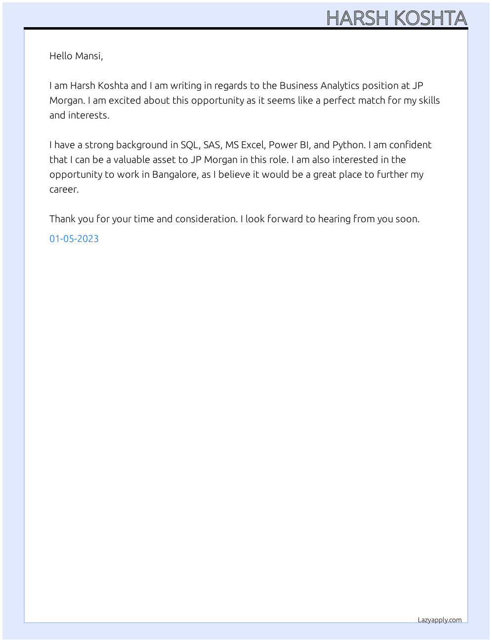 Business Analytics At JP Morgan Cover Letter