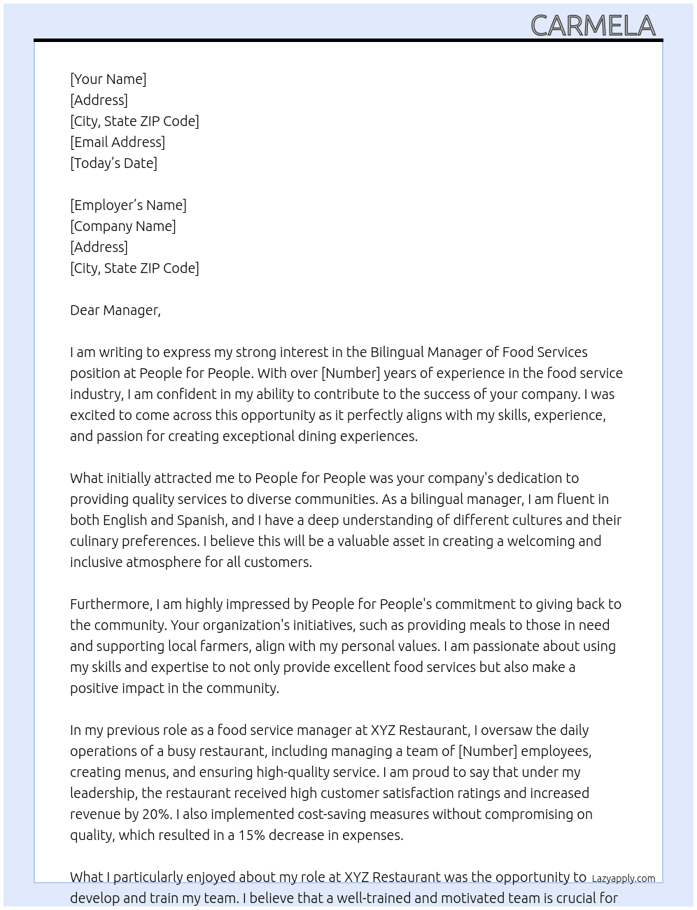 bilingual manager food services  At People for People  Cover Letter