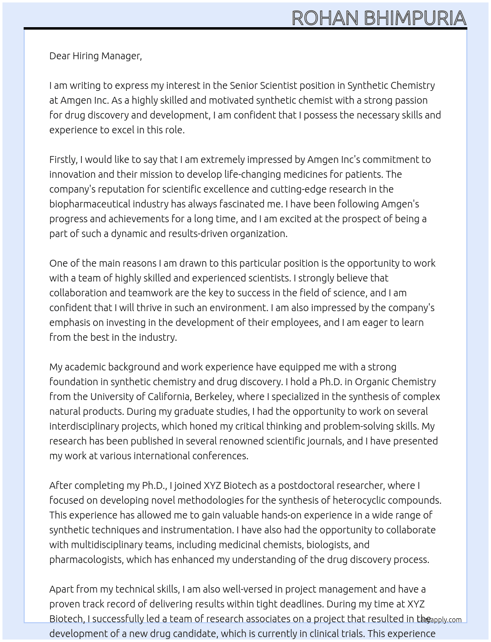 senior Scientist, synthetic Chemistry At Amgen Inc Cover Letter