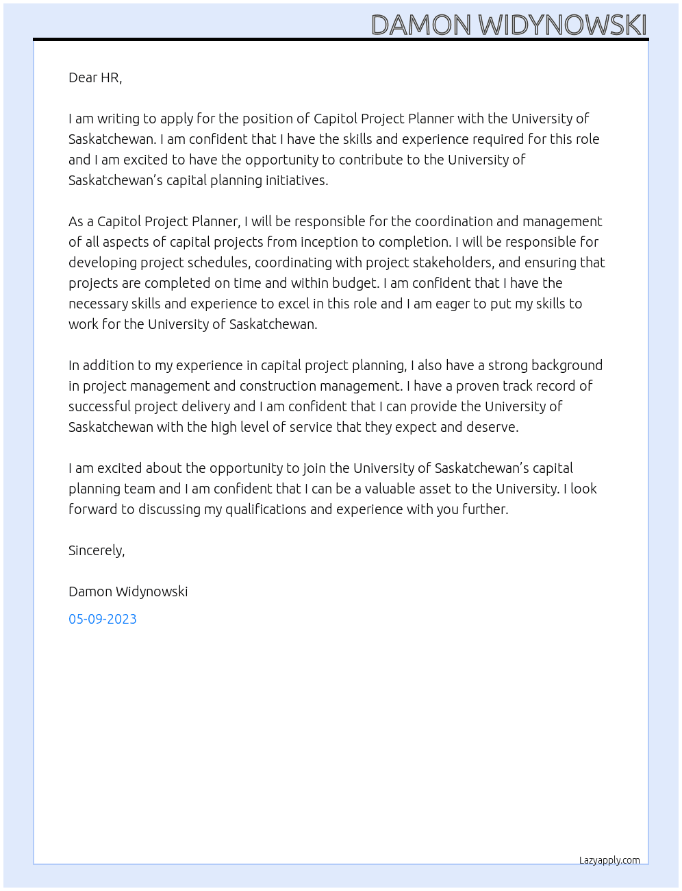Capitol Project Planner At University of Saskatchewan Cover Letter