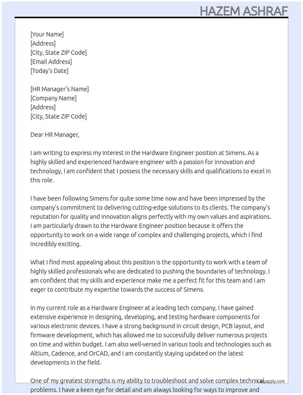 hardware engineer At Simens Cover Letter