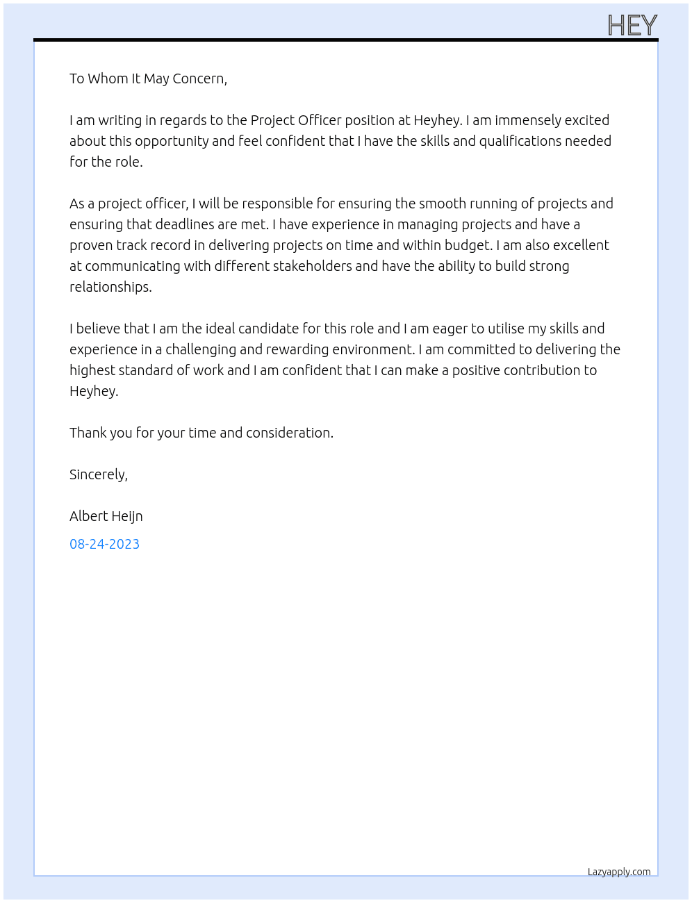 Project Officer At Heyhey Cover Letter