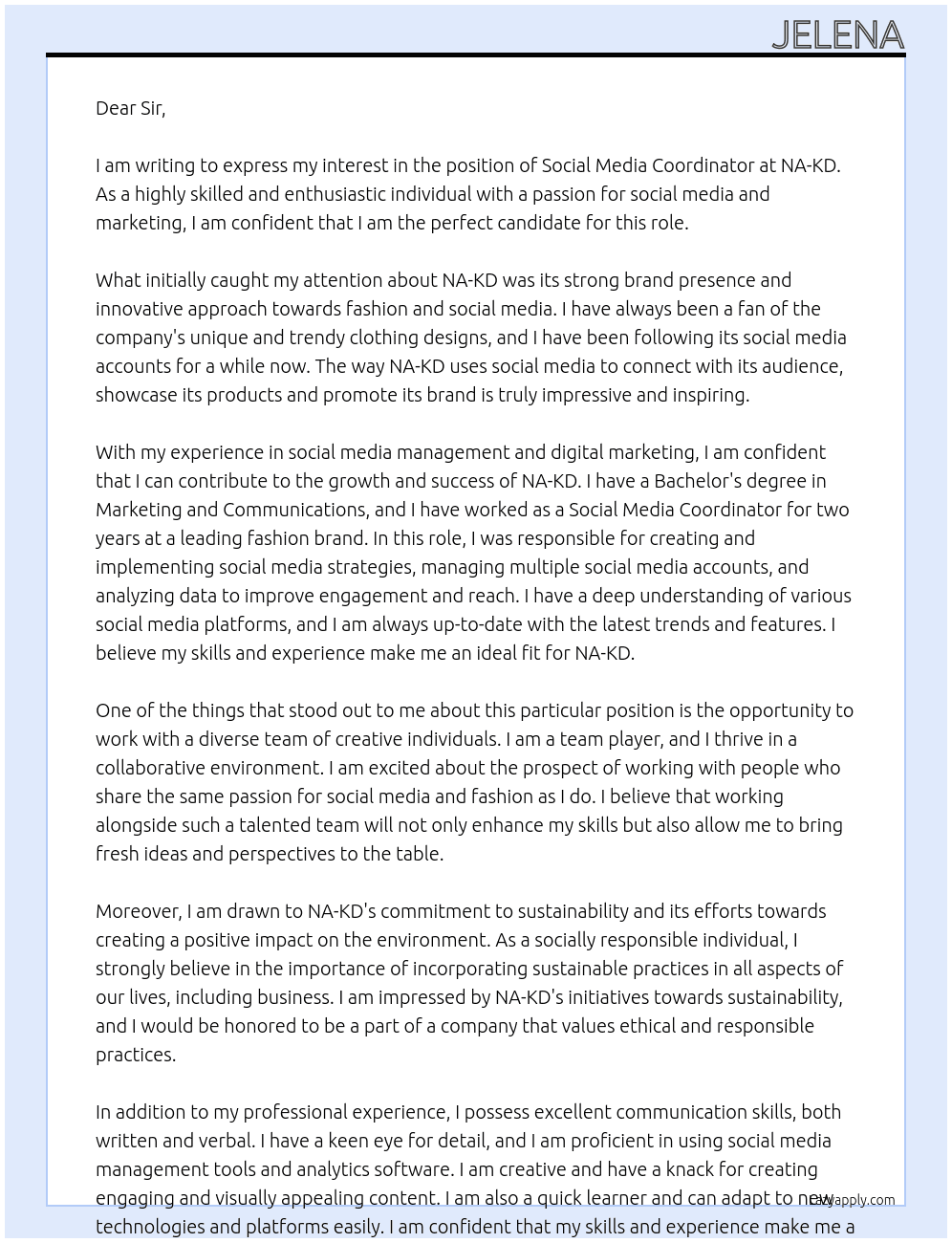 Social Media Coordinator At NA - KD Cover Letter