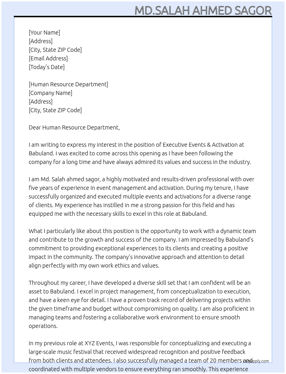 Executive Events&Activation At Babuland Cover Letter