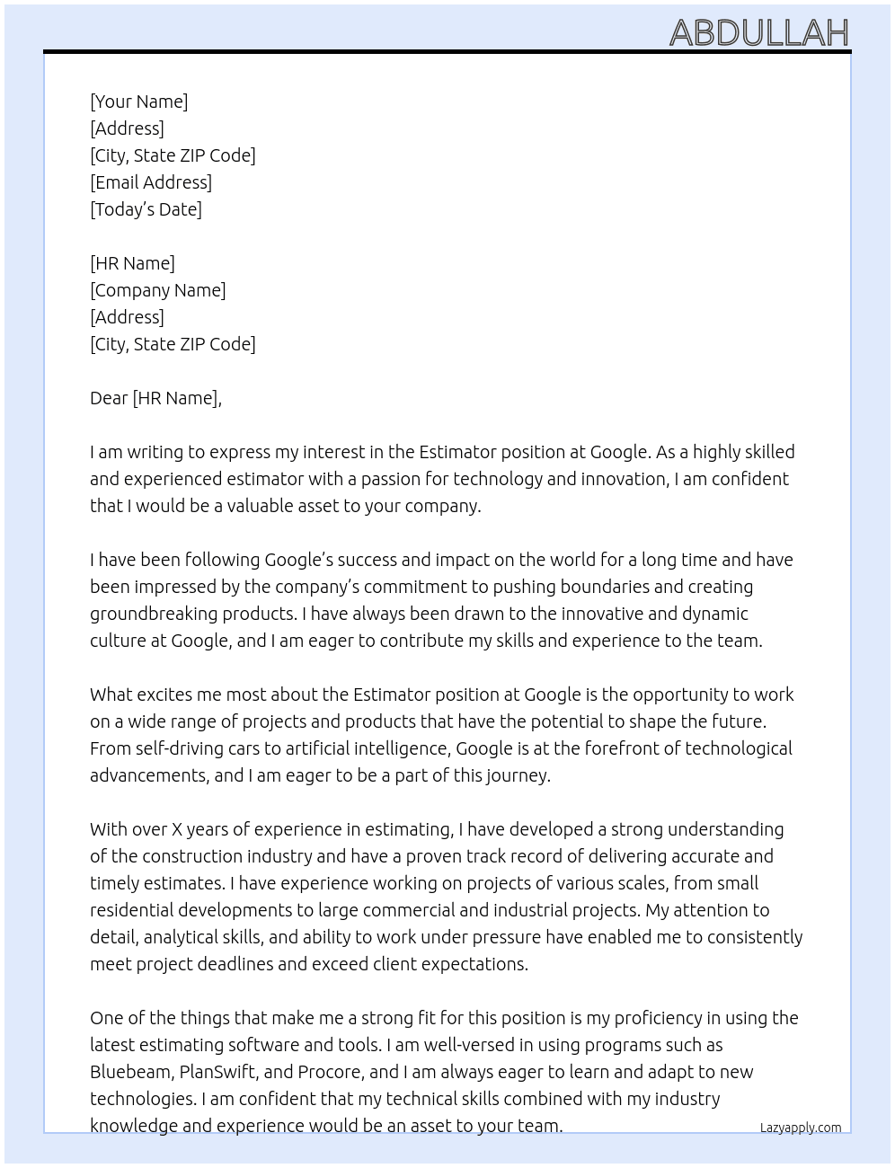 Estimator At Google Cover Letter