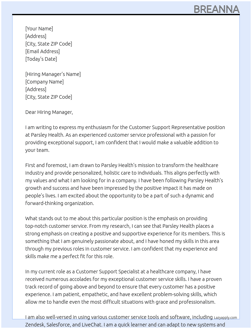 Customer Support Representative At Parsley Health Cover Letter