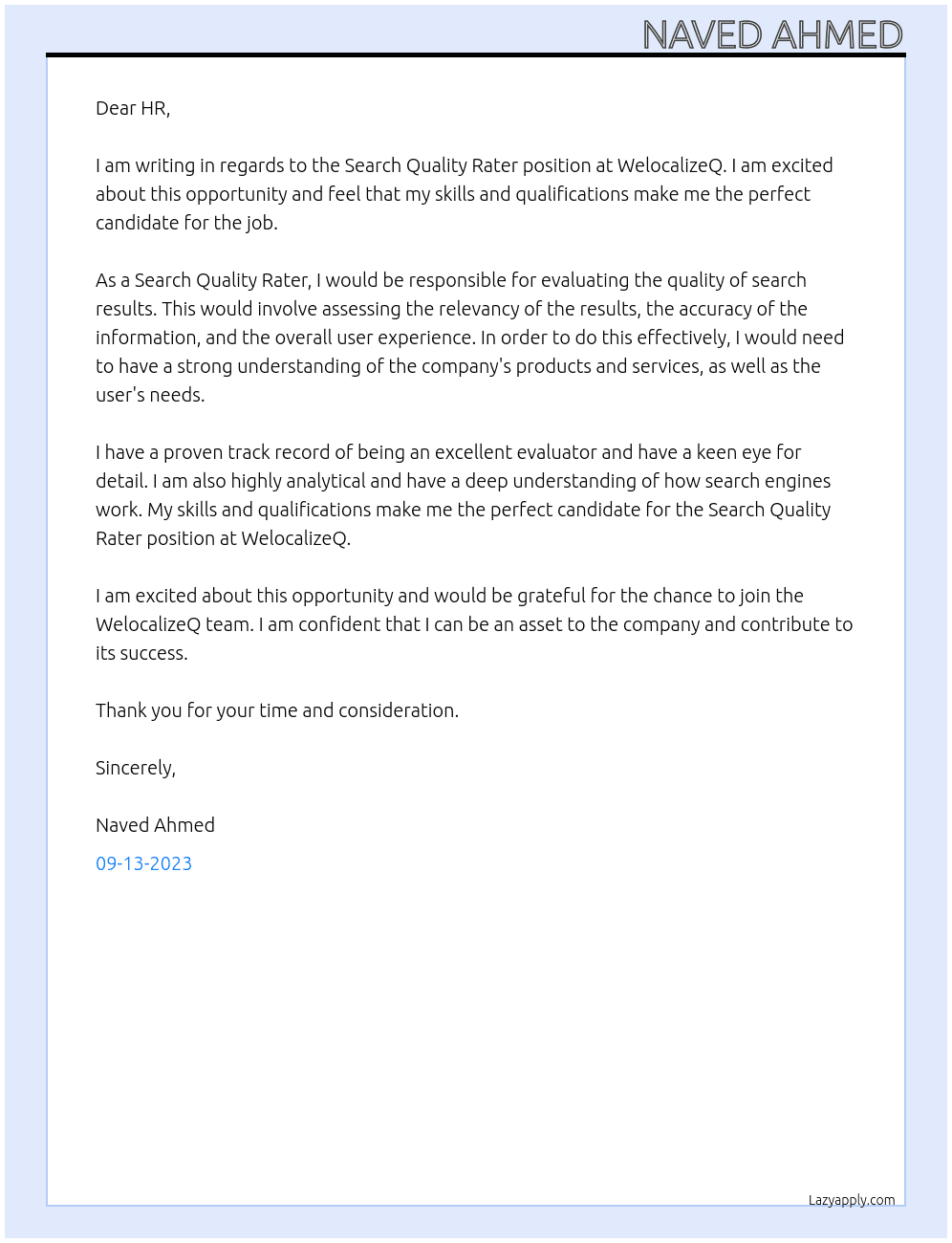 Search Quality Rater At WelocalizeQ Cover Letter