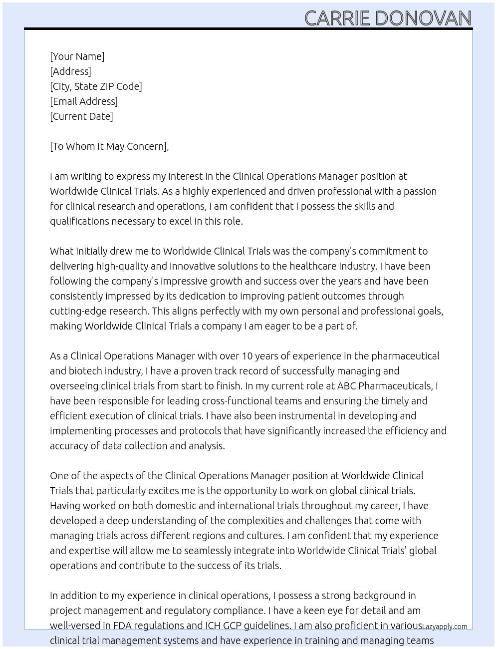 Clinical Operations Manager At Worldwide Clinical Trials Cover Letter